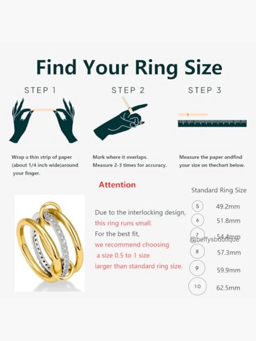 14K Gold Plated Interlocking Trinity Ring with CZ Stackable - Picture 3 of 7